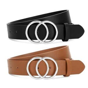 2 Pack Womens Faux Leather Belts Double O Ring Buckle Jeans Waist Belt Plus Size